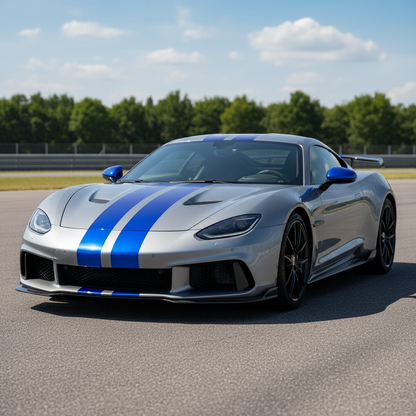 Car with blue chrome stripes