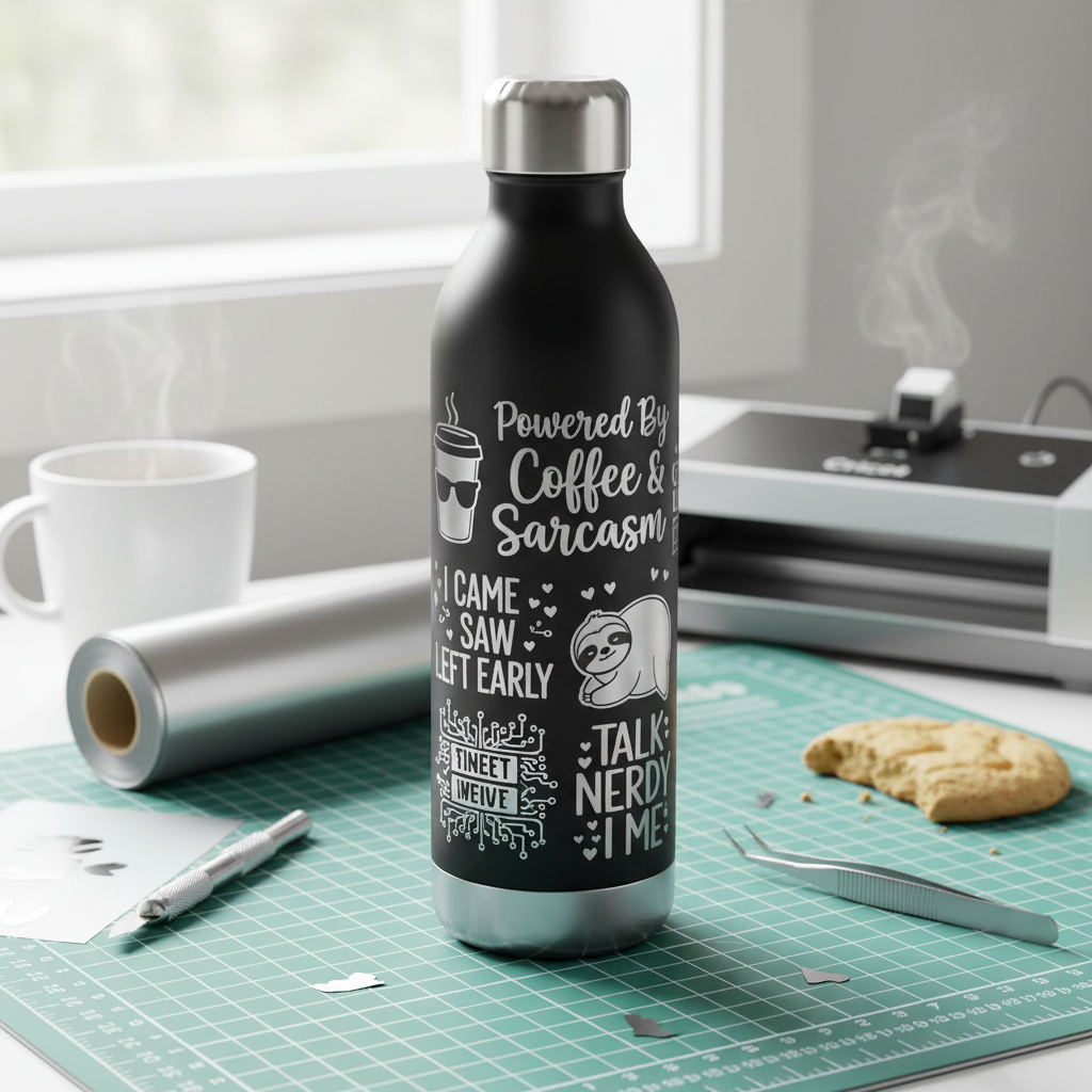 DIY water bottle with humorous silver vinyl decals