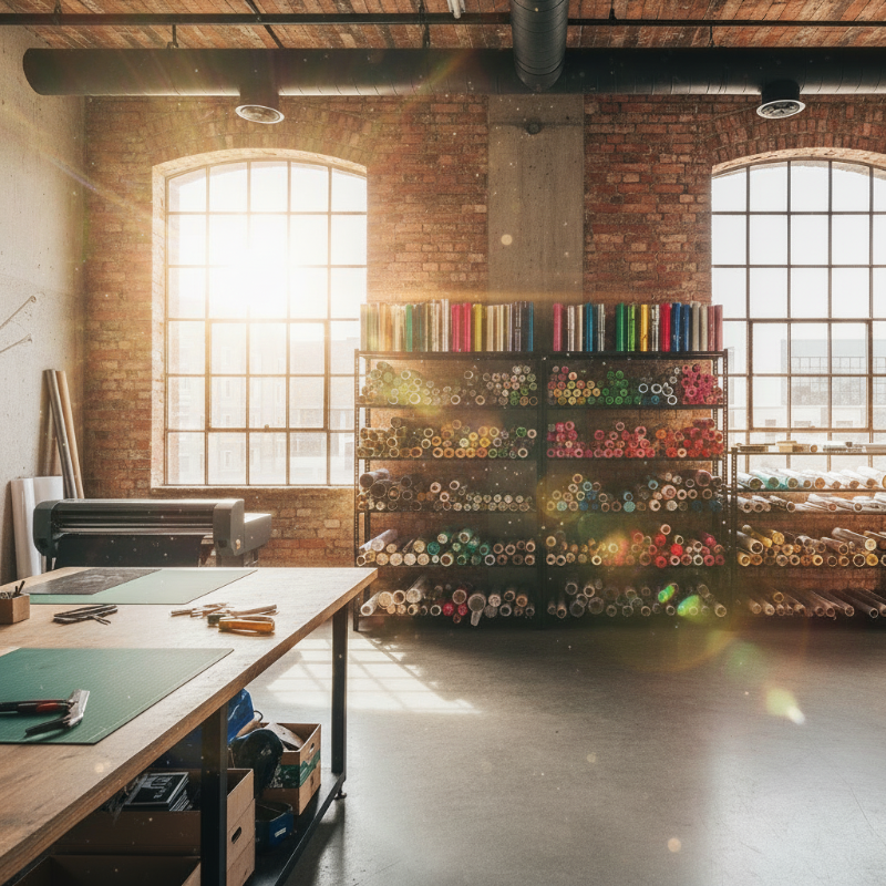 European industrial loft crafting studio with vibrant vinyl - Urban City Vinyl website banner