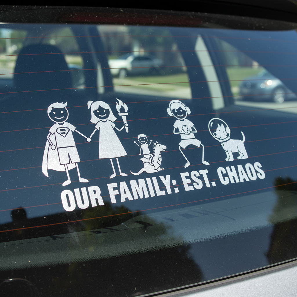 Funny car window decal in silver vinyl