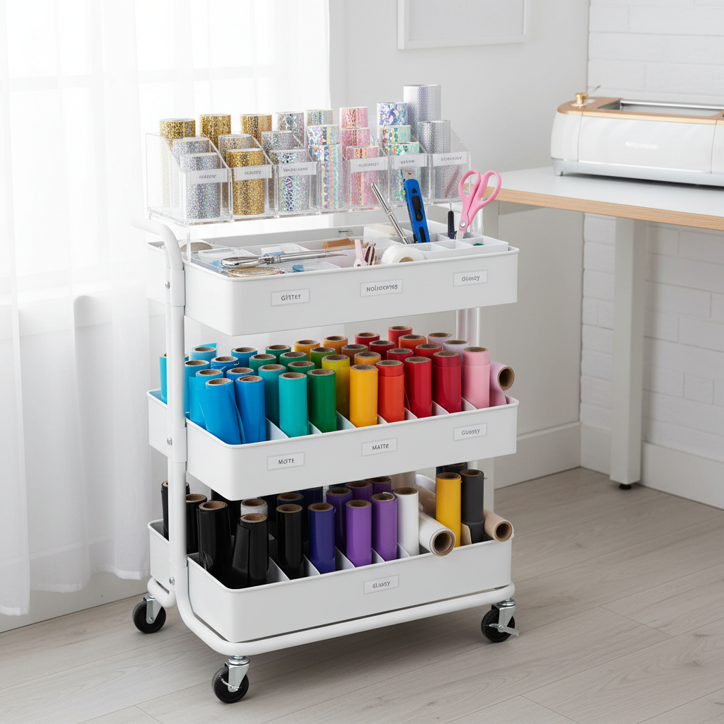 Mobile craft cart filled with adhesive vinyl rolls and supplies - Urban City Vinyl