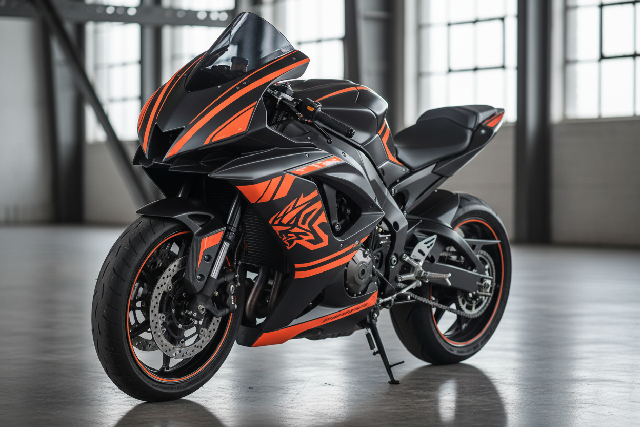 Orange vinyl decals on motorcycle
