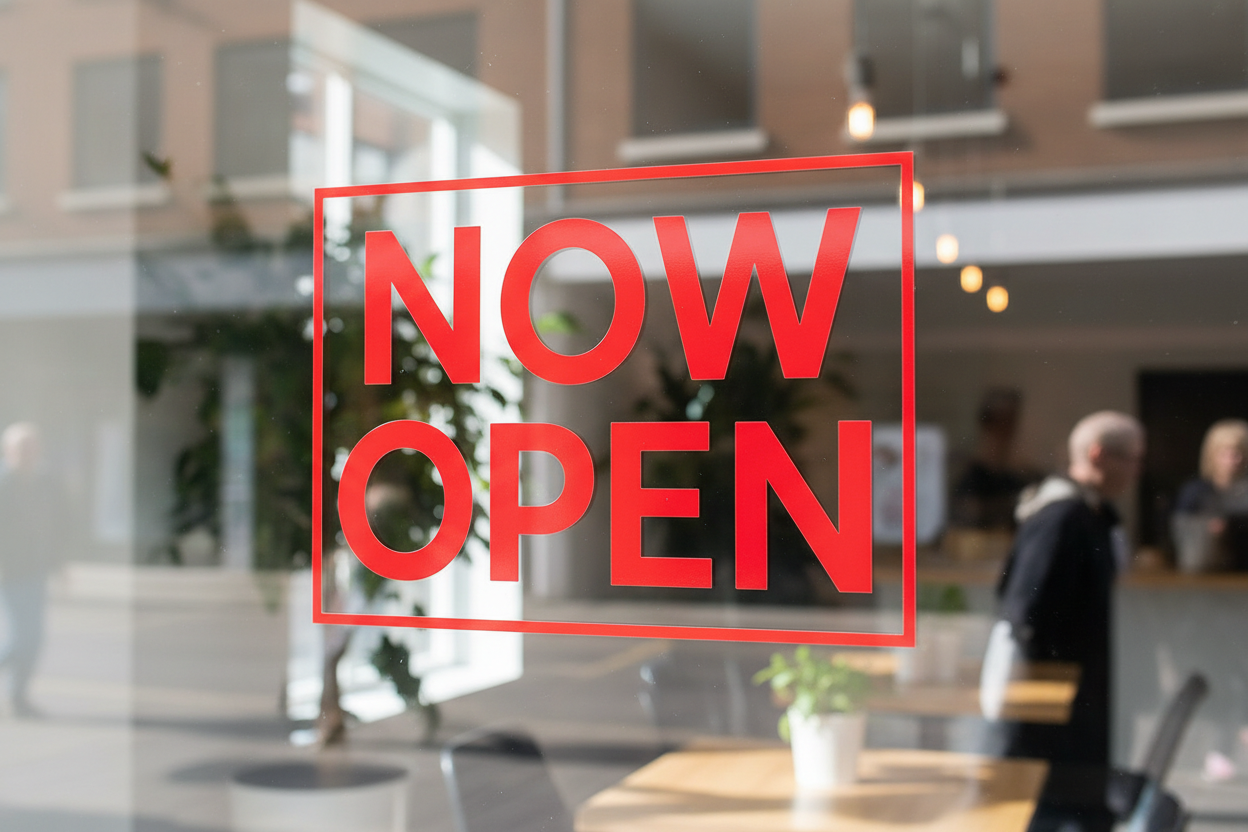 Red vinyl NOW OPEN sign