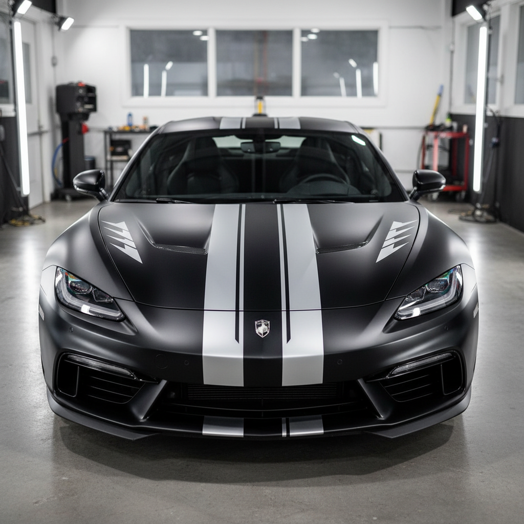 Sports car with silver vinyl racing stripes