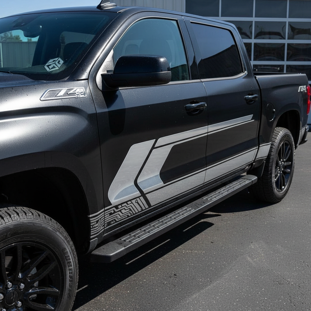 Truck with silver vinyl graphics and decals